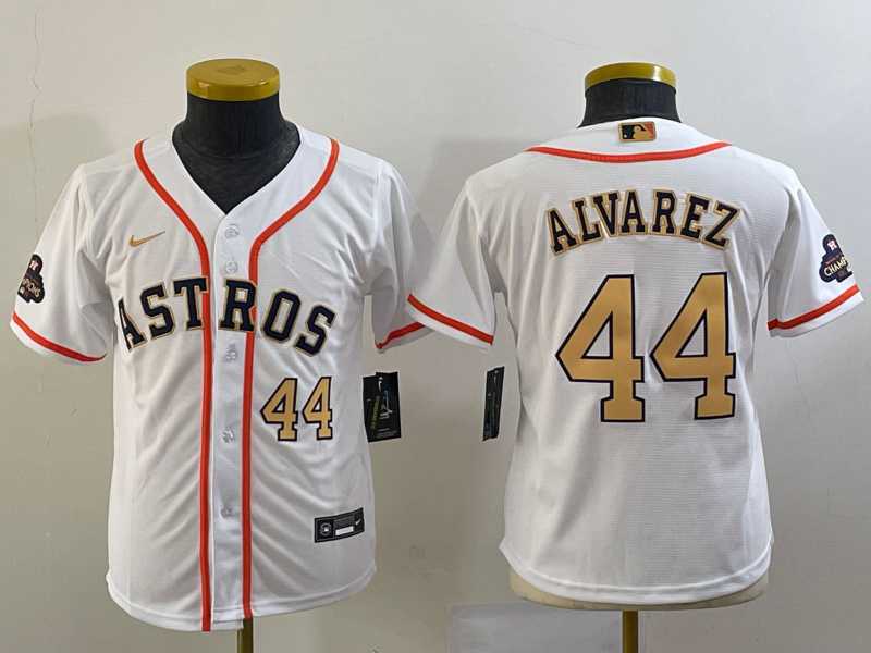 Youth Houston Astros #44 Yordan Alvarez Number 2023 White Gold World Serise Champions Patch Cool Base Stitched Jersey->mlb youth jerseys->MLB Jersey